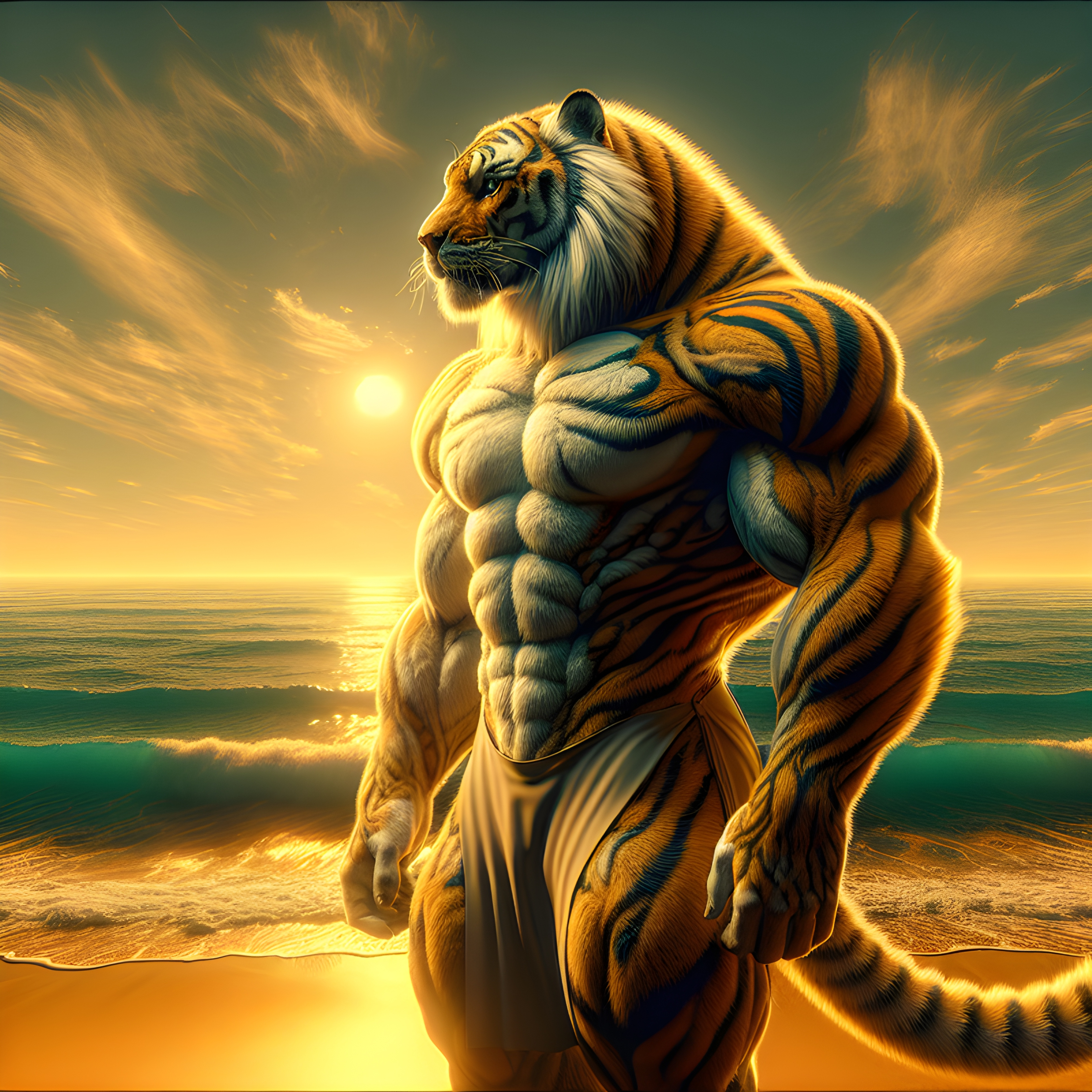 สร้างภาพ ผู้ชายมีรูปร่างเป็นเสือ มีกล้าม โพสท่าที่ชายหาด