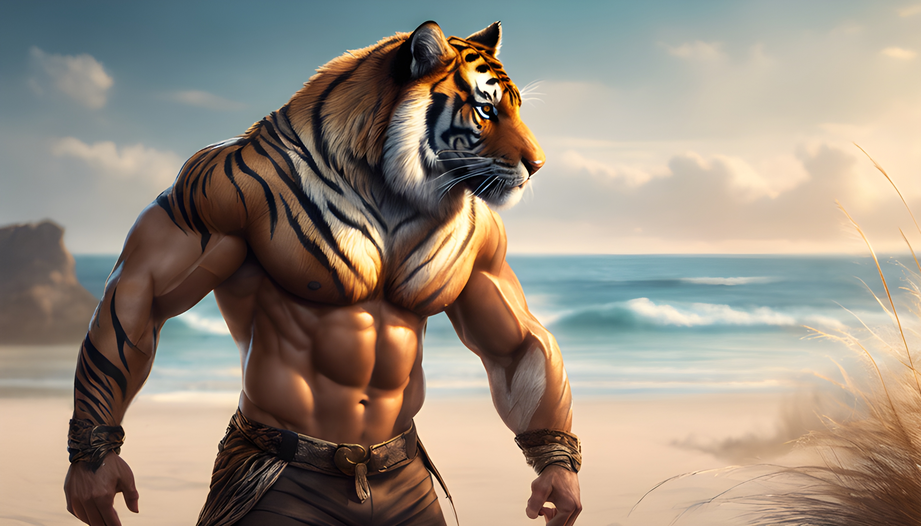 สร้างภาพ ผู้ชายมีรูปร่างเป็นเสือ มีกล้าม โพสท่าที่ชายหาด