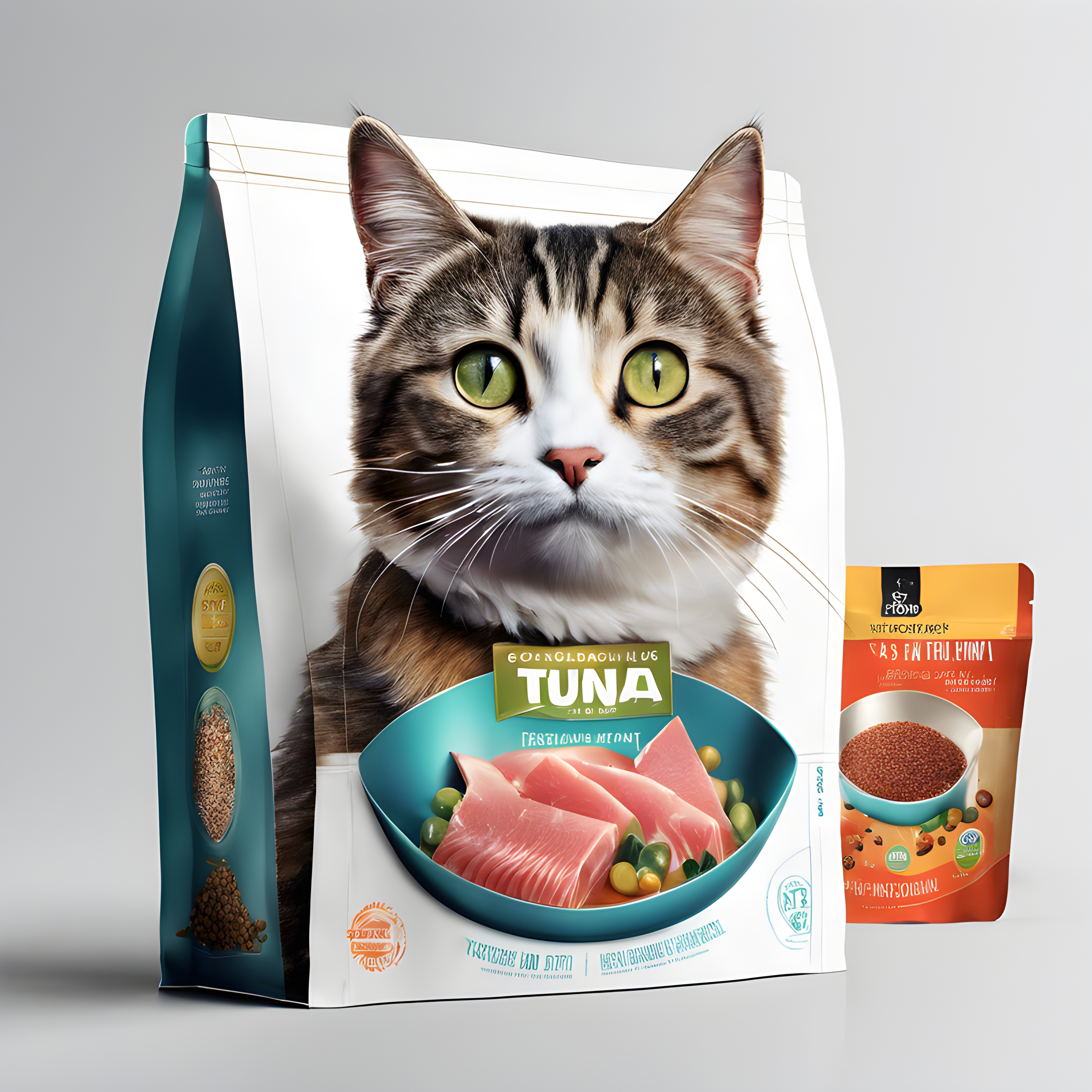 สร้างภาพ การออกแบบบรรจุภัณฑ์อาหารแมว มีแมวและปลาทูน่าเป็นภาพประกอบ กระป๋อง สีสันสดใส
