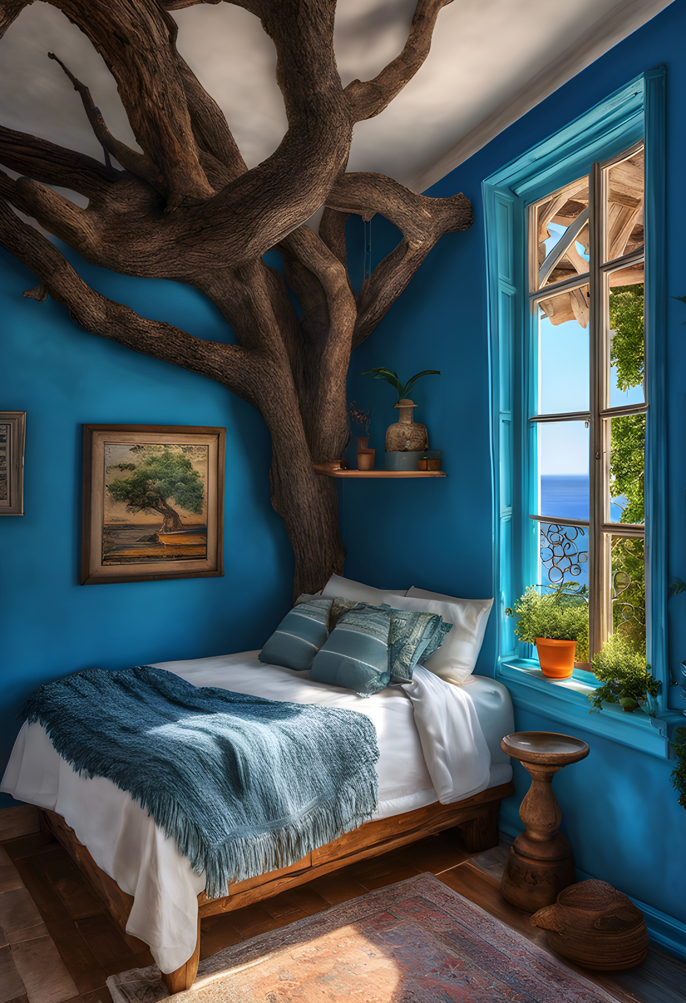 สร้างภาพ ภาพถ่าย ห้องนอนภายในบ้านสีฟ้าเมดิเตอร์เรเนียนหลังเล็กๆ แสนสบาย บ้านที่อยู่ในต้นไม้โบราณที่งอกออกมา มองเห็นวิวทะเล สมจริง