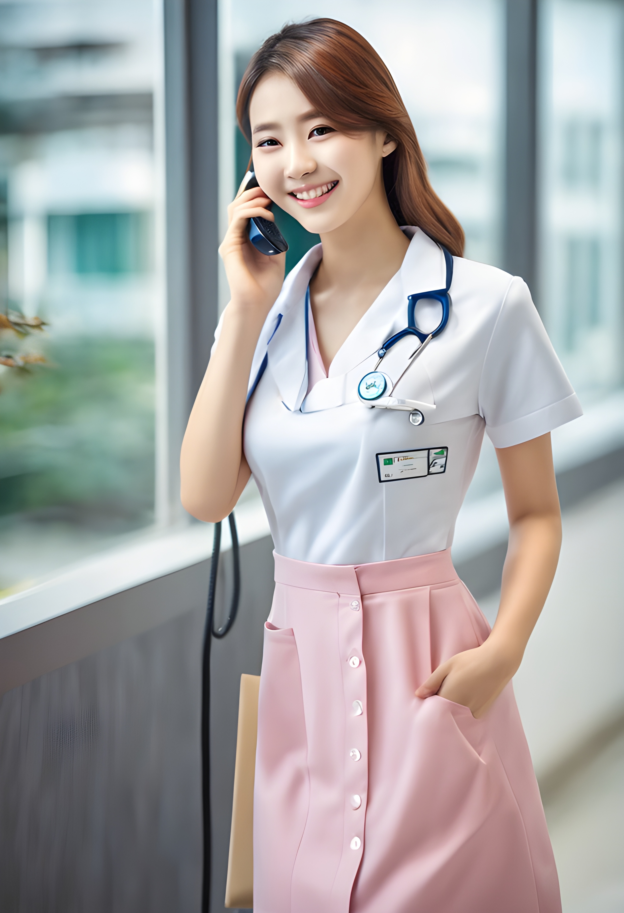 สร้างภาพนางพยาบาลเกาหลีสวย หุ่นดี เซ็กซี่ ยืนคุยโทรศัพท์ ยิ้มบางๆ ในโรงพยาบาลช่วงหน้าร้อน ใส่ชุดรัดรูปคอวีลึก เซนเซอร์ Super 35 HDR และใช้ Gen 5 Color Science ความละเอียดสูง