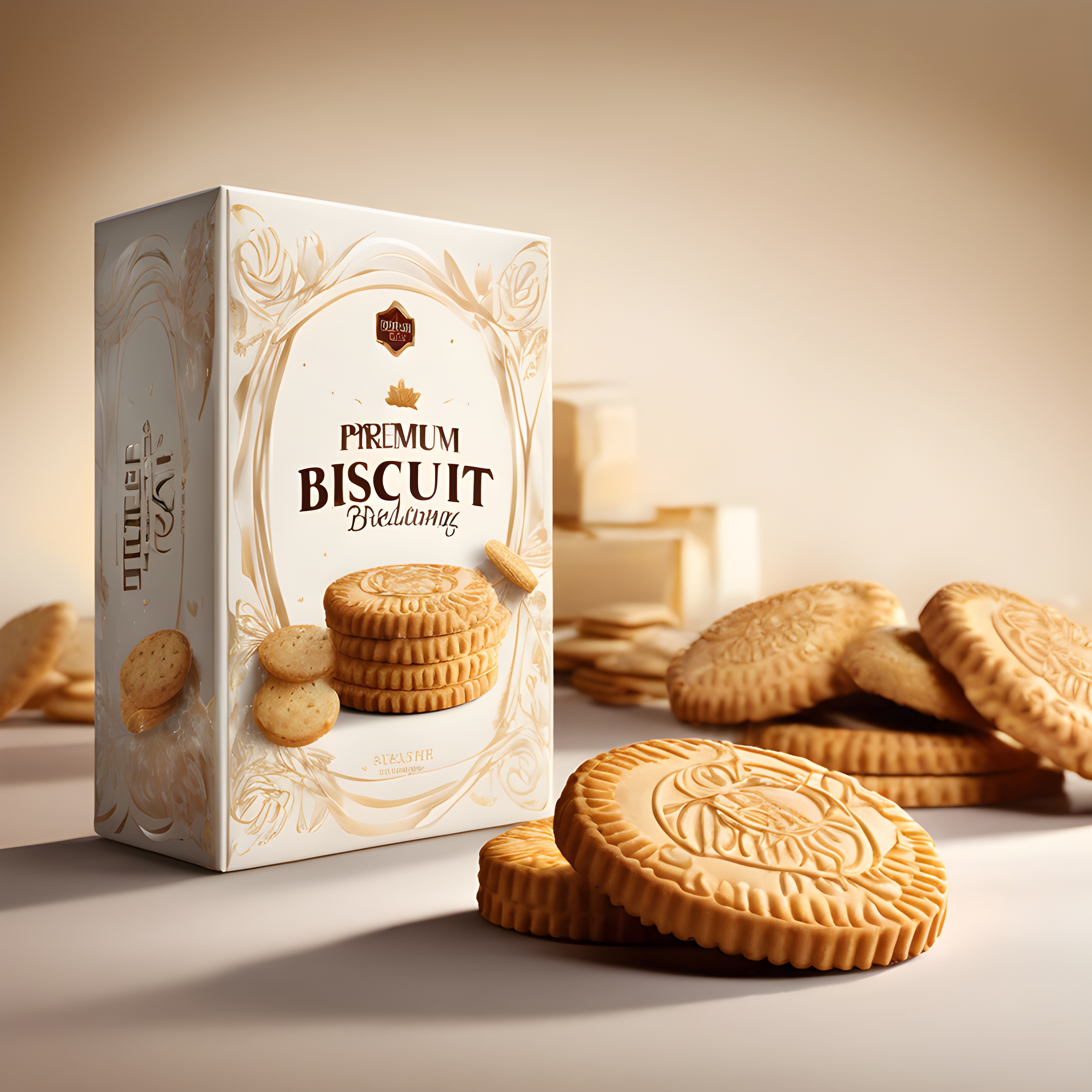 สร้างภาพ บิสกิต ฉลากแสดงชื่อผลิตภัณฑ์ 'Biscuit' ถ่ายภาพบรรจุภัณฑ์ แบรนด์ขนมปัง พรีเมี่ยม อบสดใหม่ เรียบง่ายและเข้าถึงได้แต่อร่อย การถ่ายภาพบรรจุภัณฑ์ การแสดงบรรจุภัณฑ์ที่สมจริงเป็นพิเศษ มีขนมปังบิสกิตเป็นภาพประกอบ ความหรูหรา