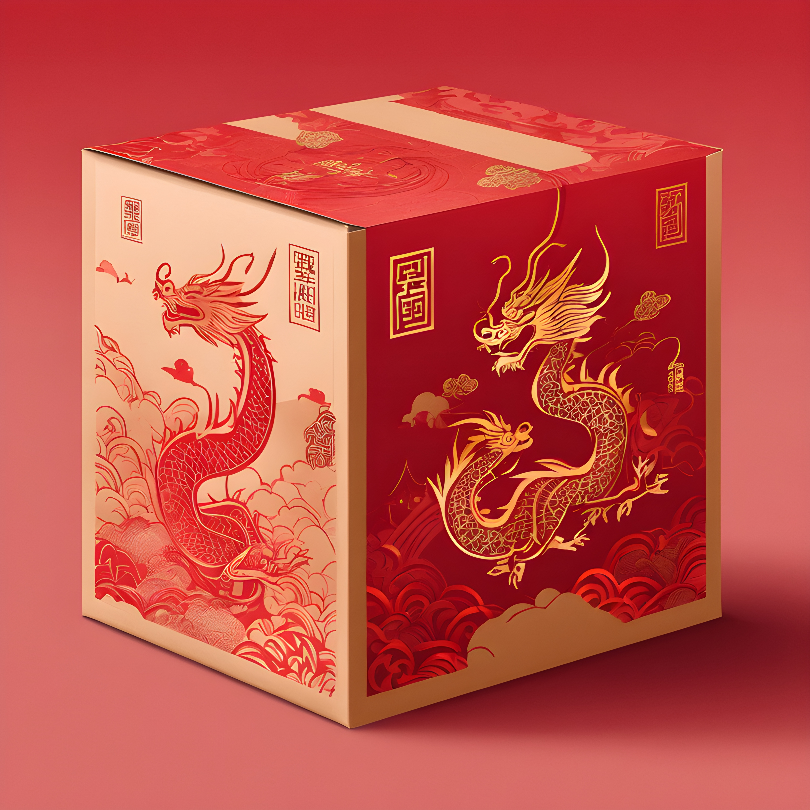สร้างภาพ การออกแบบบรรจุภัณฑ์ กล่องสีแดง มีมังกรเป็นภาพประกอบ สไตล์วาดด้วยมือ น่ารัก ภาพประกอบเวกเตอร์ เส้นหนา สไตล์จีน Guochao กล่องกระดาษแข็ง รื่นเริง สีสันสะดุดตา