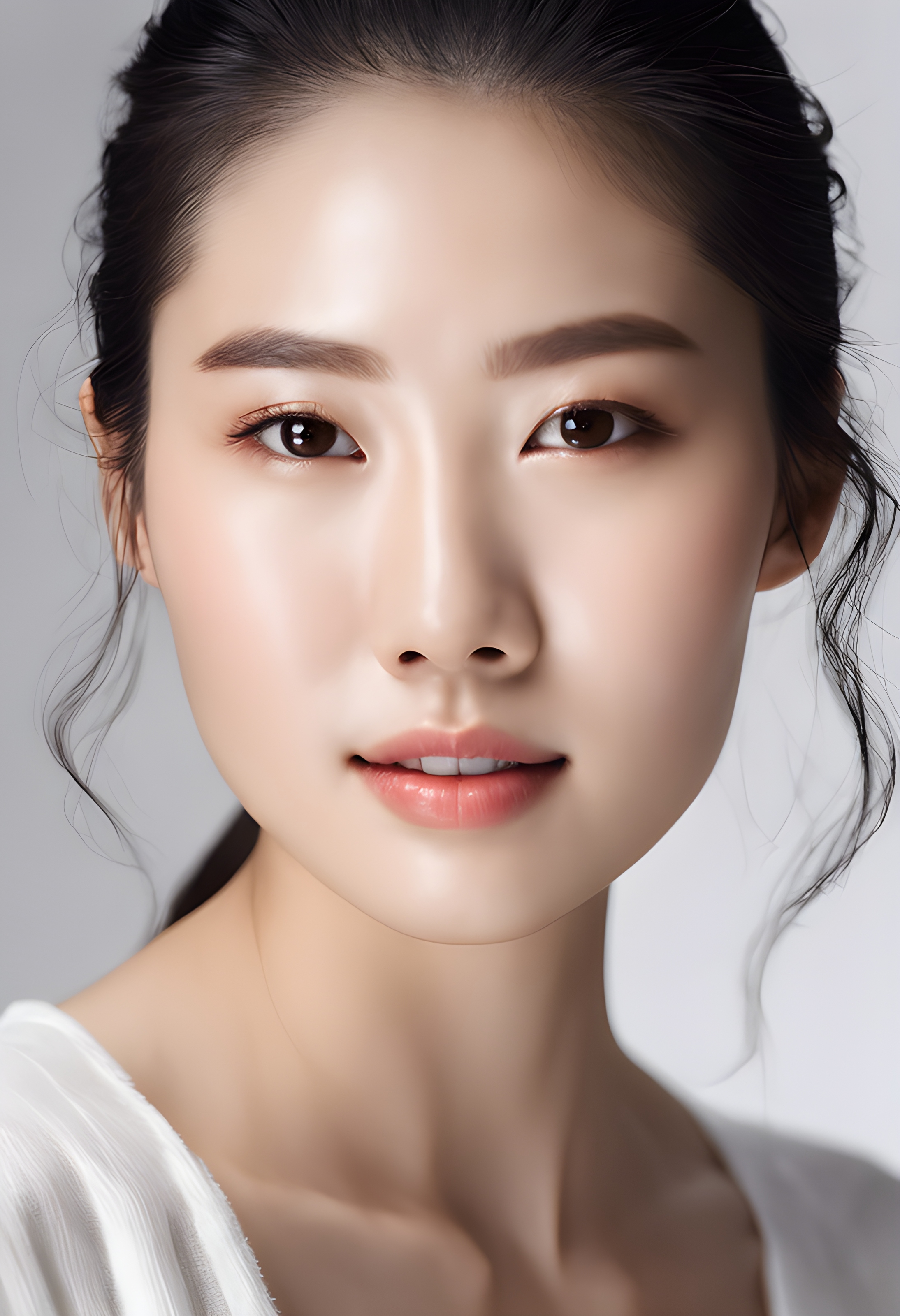 สร้างภาพ หญิงสาวสวยชาวเกาหลี ผิวชุ่มชื้น เงางามอย่างเป็นธรรมชาติ เนื้อผิวจริงของเธอสว่างไสวด้วยไฟสตูดิโอ ภาพถ่ายคมชัดเน้นผลิตภัณฑ์บำรุงผิวในชุดขาวพร้อมรอยยิ้มอ่อนโยน ภาพถ่ายเน้นผมชุ่มชื้นสลวยตัดกับพื้นหลังสีขาวสะอาด ภาพที่ถ่ายด้วย กล้องฟูลเฟรมระดับมืออาชีพ และเลนส์ถ่ายภาพบุคคล 70 มม ภาพสมจริง เหมือนคนจริง