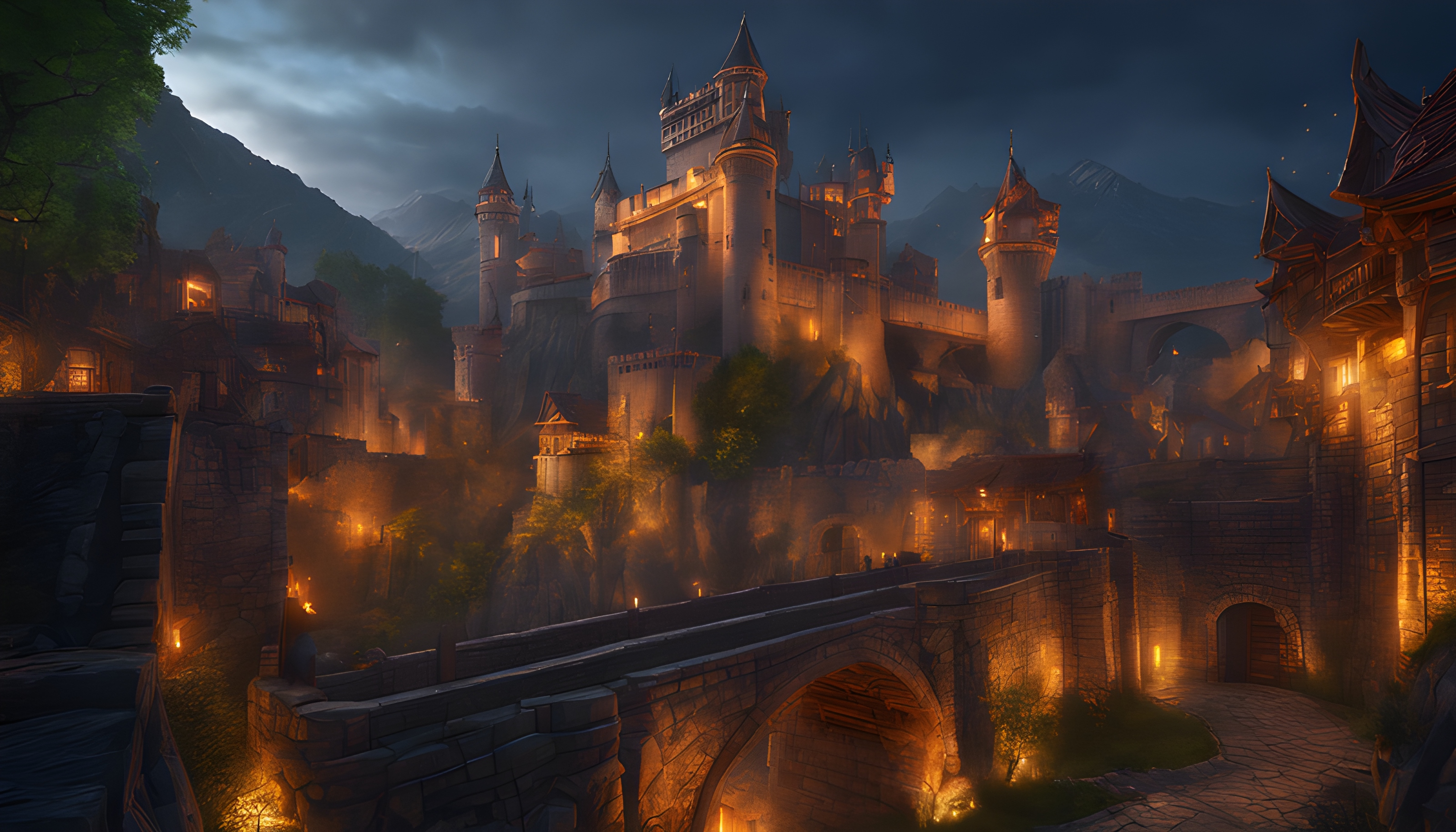 สร้างภาพ เมืองแห่งนักรบแบบเกม MMORPG แฟนตาซี เรืองแสงในตอนหลางคืน เหนือจินตนาการ ดูดุดัน สมจริง