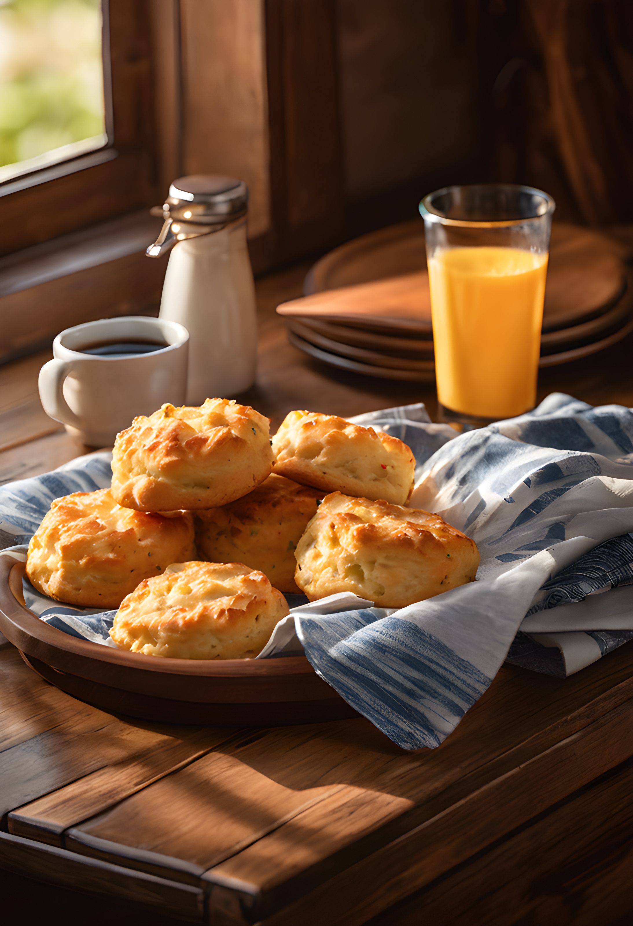 ภาพถ่ายเสมือนจริงของ Red Lobster Cheddar Bay Biscuits บนโต๊ะไม้เรียบง่าย โดยมีแสงอุ่นยามบ่ายส่องเข้ามาจากหน้าต่างใกล้เคียง ถ่ายด้วย Canon EOS 5D Mark IV และเลนส์ 85 มม. f/1.8