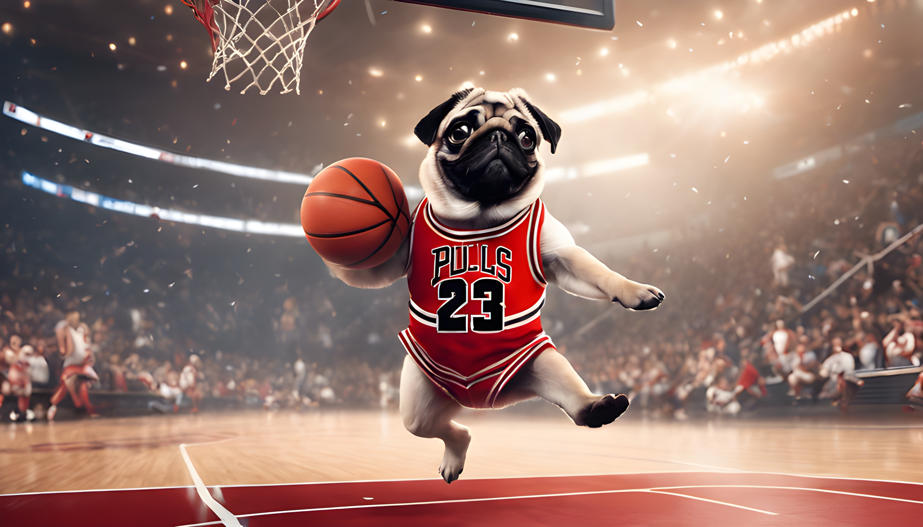 ทำภาพของหมาปั๊กในบทบาทของ Michael Jordan กำลังดังก์ลูกบาสในท่วงท่าที่สวยงาม
