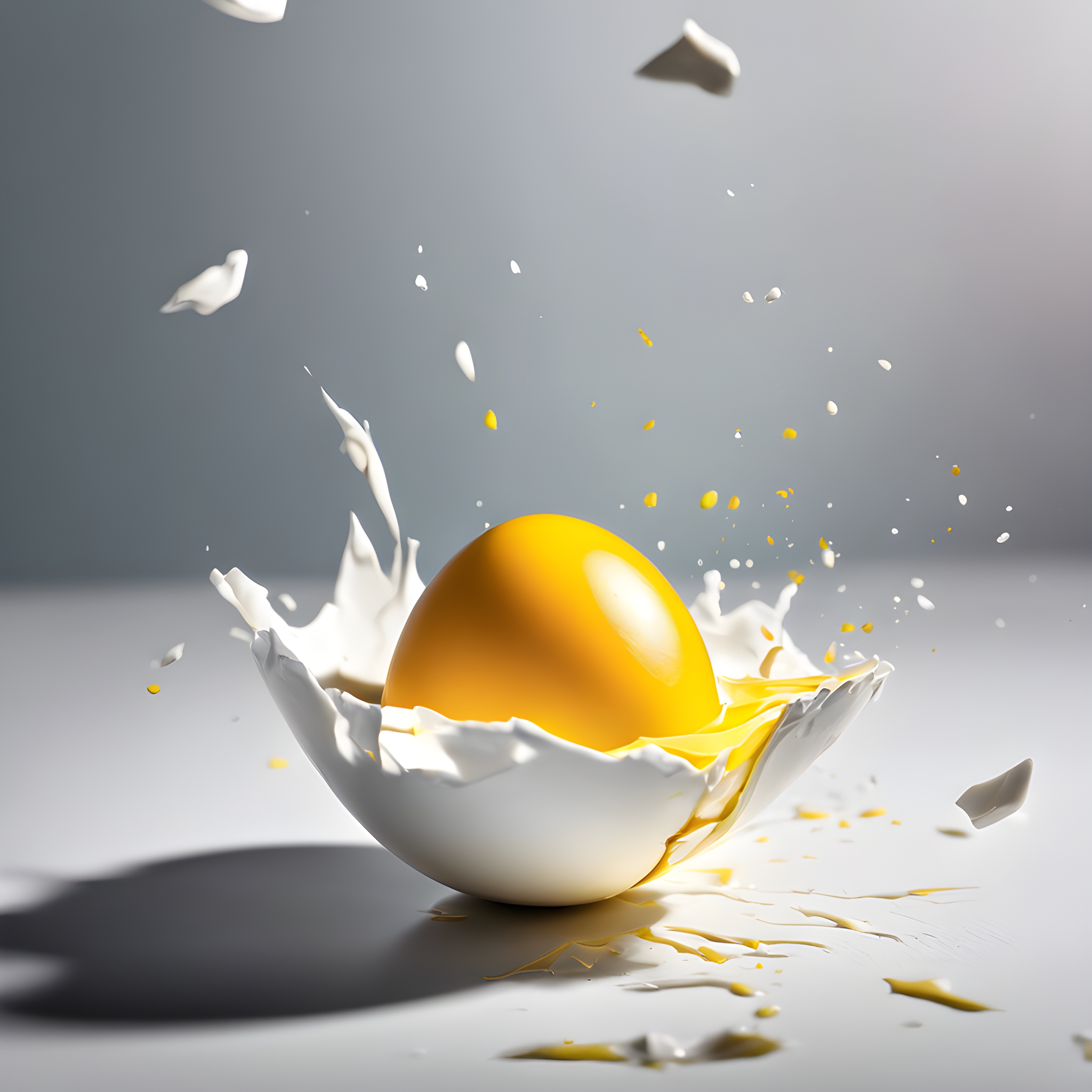 สร้างภาพ การแตกของไข่แบบสโลว์โมชั่นในอากาศ ไข่แดงมันๆ สีเหลืองสดใส ไข่แดงเด้งขึ้นไปในอากาศ ไข่ขาวเชื่อมต่อกับเปลือกไข่ เปลือกไข่แบ่งออกเป็นชิ้นๆ สวยงามมากใน สไตล์โจเอล โรบิสัน ถ่ายในรูปแบบการถ่ายภาพเชิงพาณิชย์ที่มีสีสันสดใส สมจริง