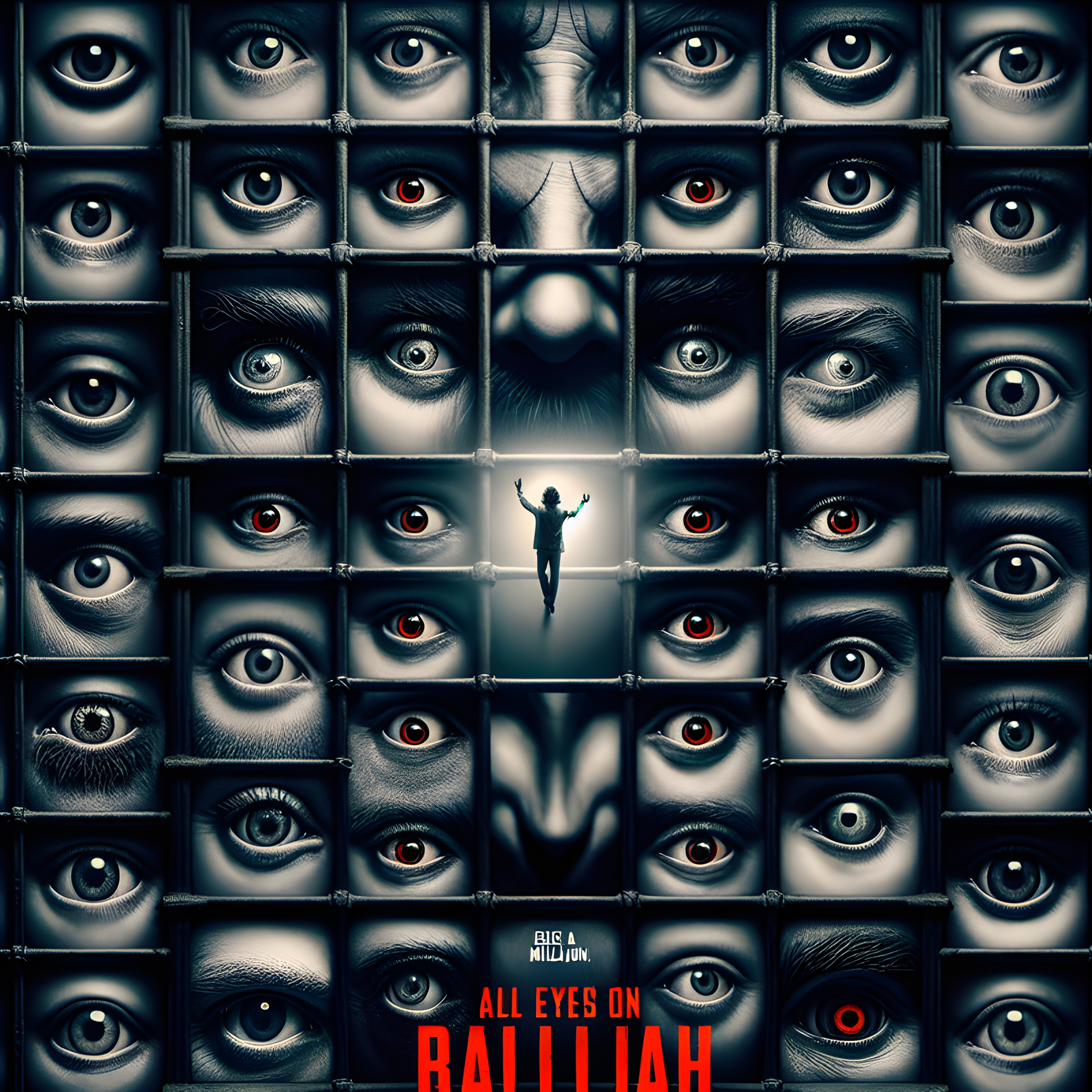 สร้างภาพ ปกหนังสือของภาพยนตร์เรื่อง "All Eyes on Ballah" หน้าตาที่มีดวงตาที่แตกต่างกันมากมายในตาราง ข้อความชื่อเรื่องเป็นตัวหนาและเป็นสีแดง "ALL EYES ON RAFAH" ด้านล่างเขียนว่า "หนึ่งล้านคนอยู่ที่ไหน"