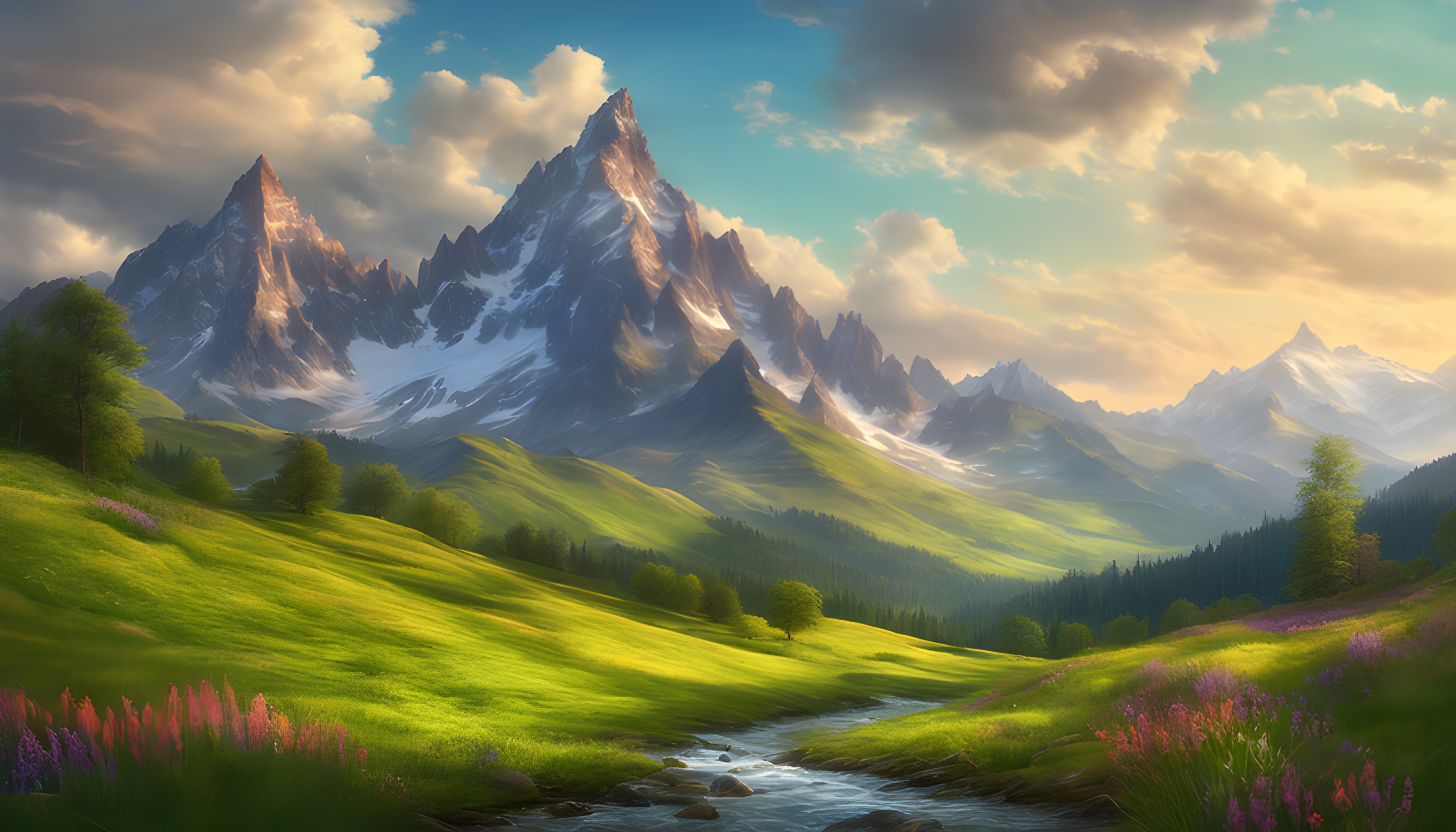ภาพวาดเทือกเขาสีเขียวขจีในฤดูใบไม้ผลิ สไตล์ Albert Bierstadt
