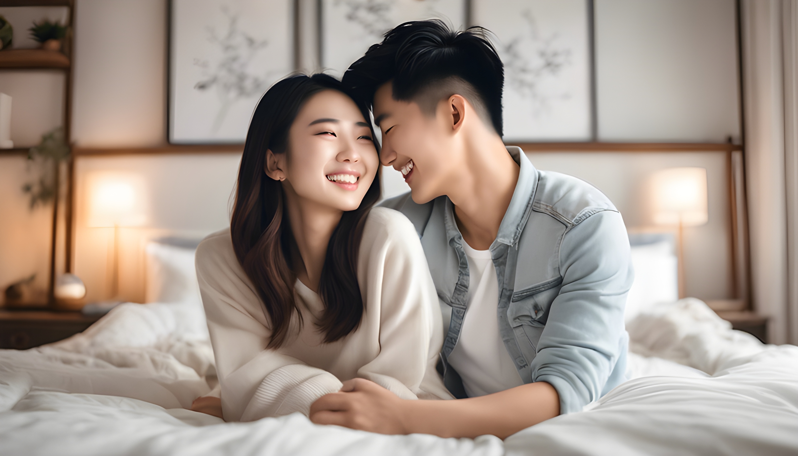 สร้างภาพถ่ายสมจริงคู่รักชาวจีน อายุประมาณ 20 ปี กำลังกอดกันอย่างรักใคร่และยิ้มแย้ม ภายในห้องนอนสีขาวสะอาดตา