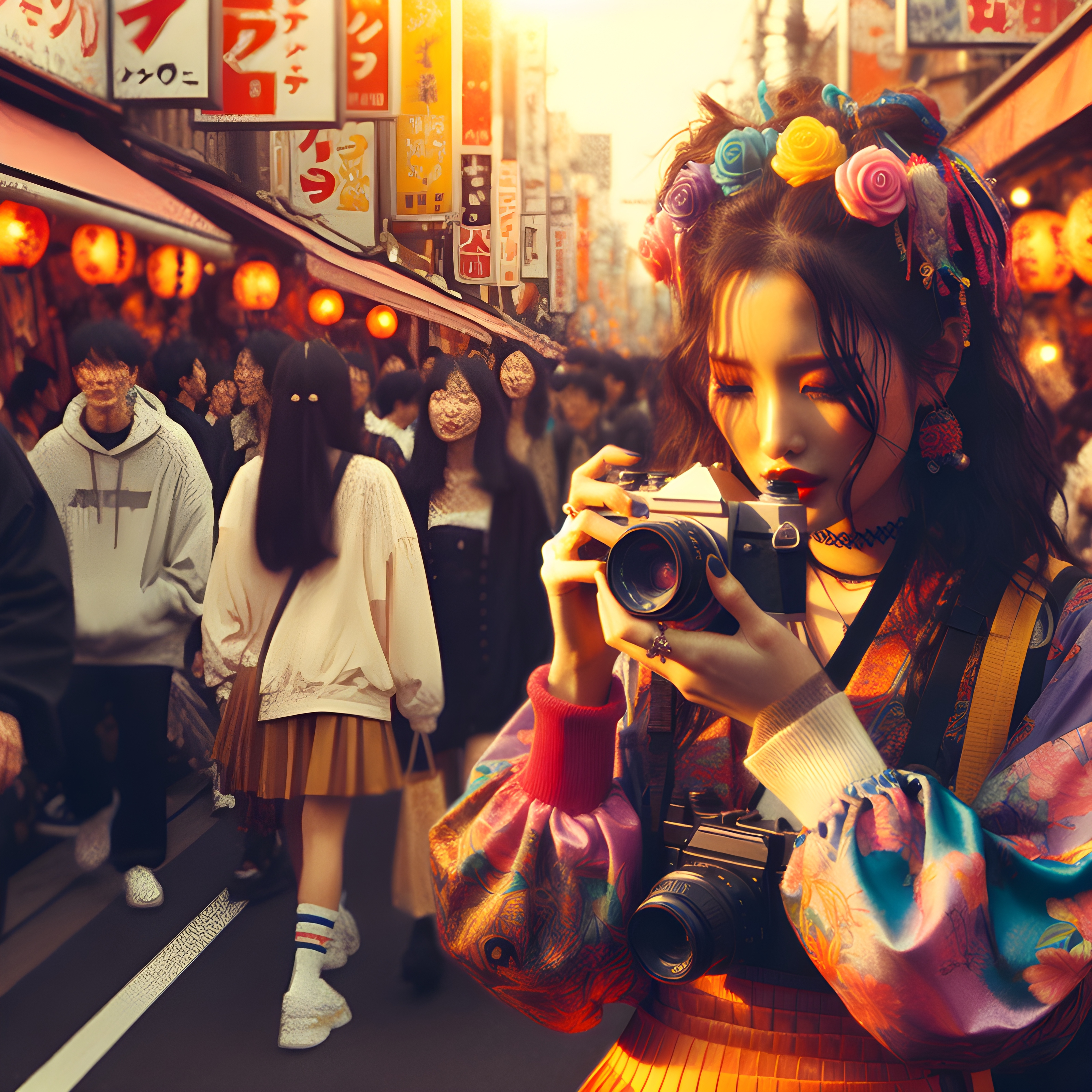 สร้างภาพ ผู้หญิง ถ่ายรูปด้วยกล้องฟิล์ม ฮาราจูกุ เหมือนจริง สมจริง คนเหมือนจริง 90's