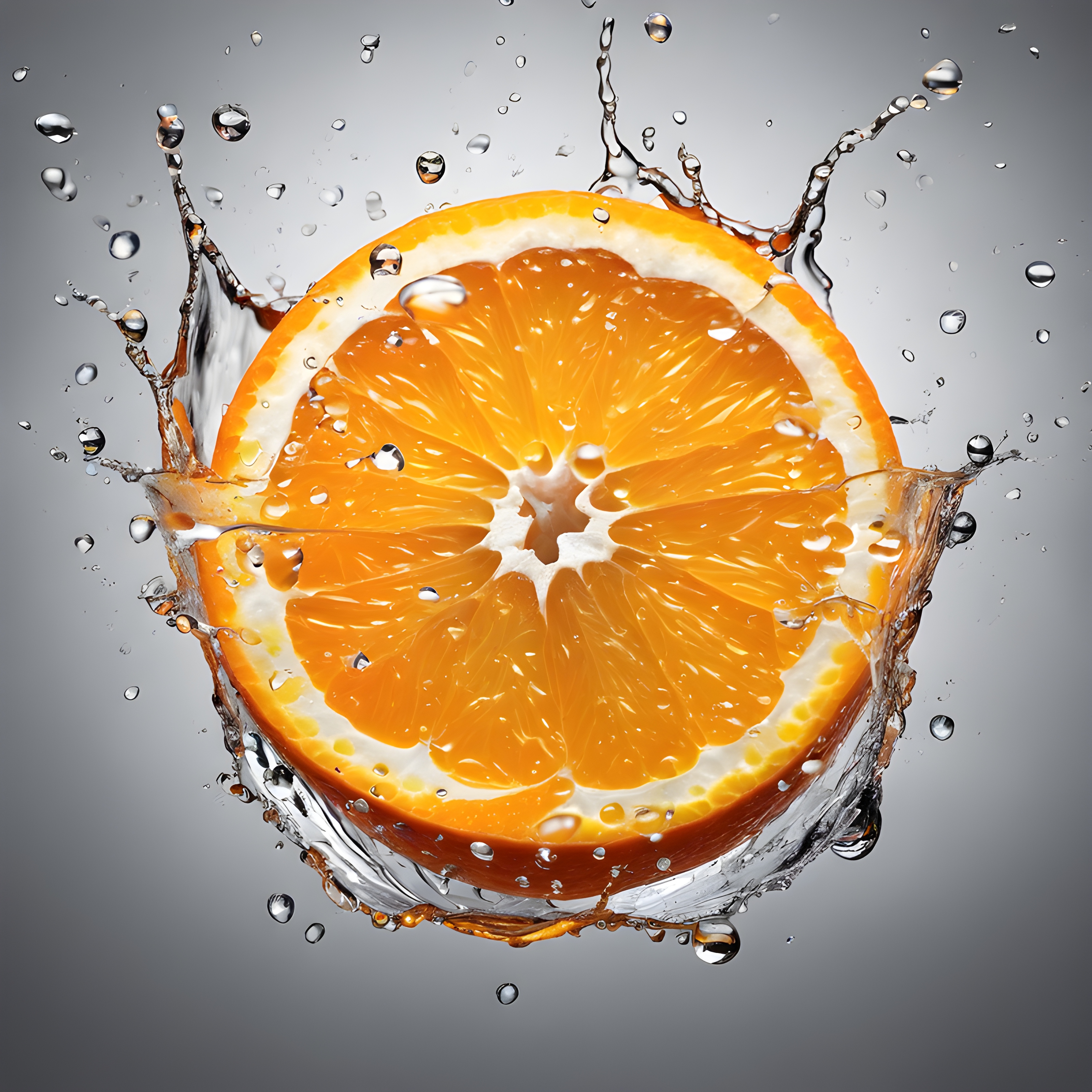 ภาพถ่ายโฆษณาส้มที่สดและอร่อยมีน้ำกระเด็นจากบนลงล่าง พื้นหลังเป็นสีเทาอ่อน