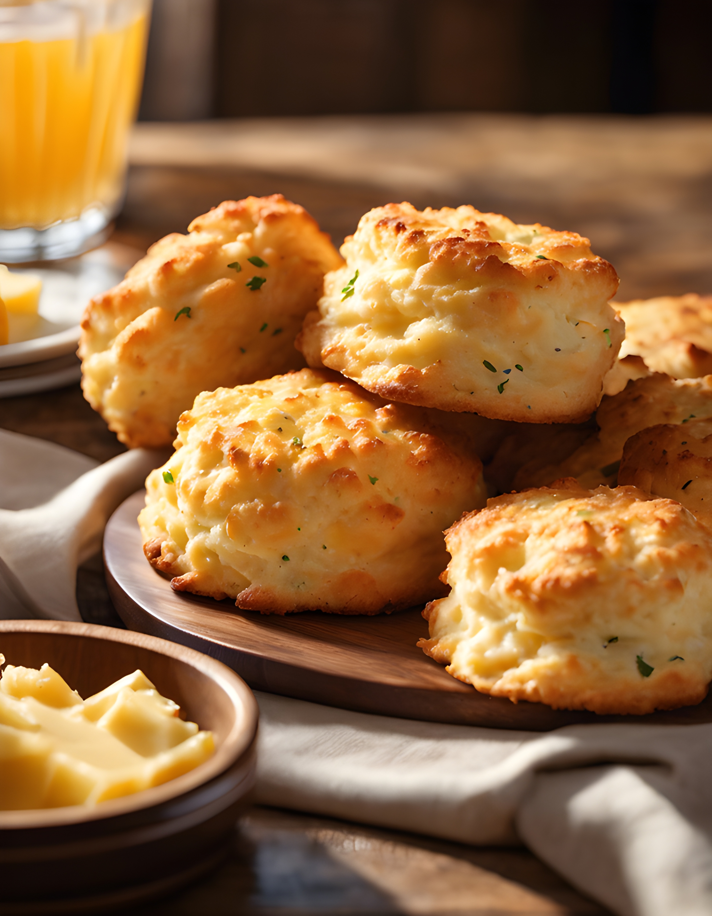 ภาพถ่ายเสมือนจริงของ Red Lobster Cheddar Bay Biscuits บนโต๊ะไม้เรียบง่าย โดยมีแสงอุ่นยามบ่ายส่องเข้ามาจากหน้าต่างใกล้เคียง ถ่ายด้วย Canon EOS 5D Mark IV และเลนส์ 85 มม. f/1.8