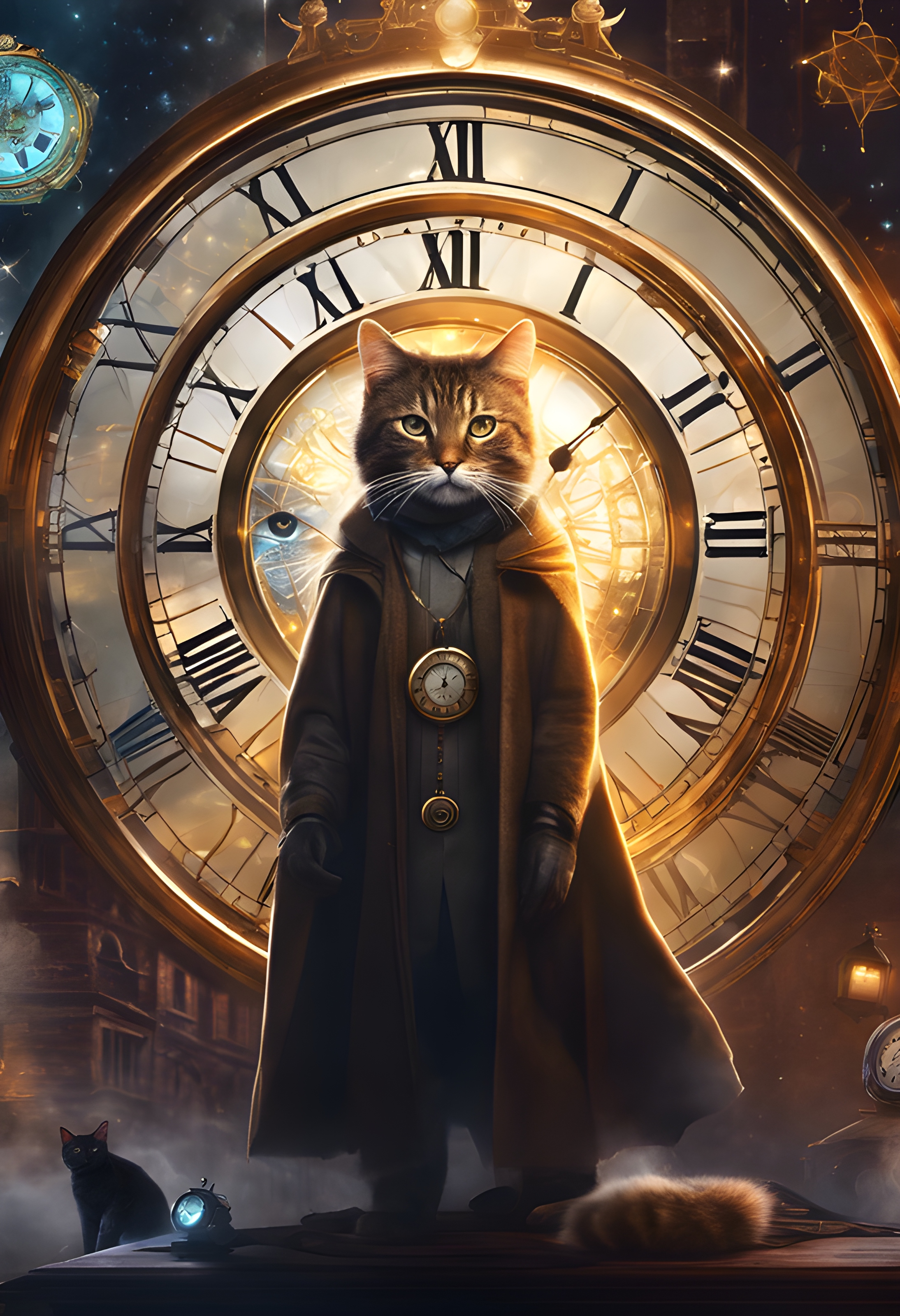 สร้างภาพ ภาพโปสเตอร์โฆษณาภาพยนตร์ มีกงล้อเวลา เวทย์มนต์ นาฬิกาโบราณ นาฬิกามากมายหลากหลายแบบ มีแมวยืนเหมือนมนุษย์ใส่ชุดคลุม แบบ doctor strange เป็นตัวเด่นของโปสเตอร์ เหนือจินตนาการ แฟนตาซี โปสเตอร์น่าดึงดูด สื่อถึงอารมณ์ของภาพยนตร์ สไตล์เดียวกับ doctor strange สมจริง