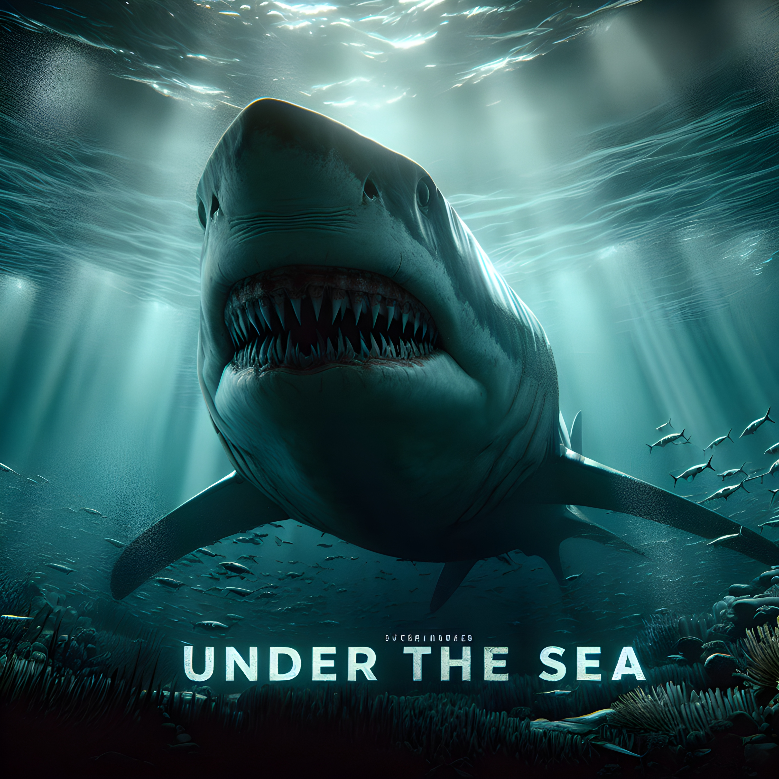 สร้างภาพ โปสเตอร์หนัง สำหรับหนัง แสดงข้อความ 'UNDER THE SEA' ฉลามยักษ์ดึกดำบรรพ์ใต้ทะเล ดูดุดัน น่ากลัว น่าเกรงขาม เป็นหนังแนวไซไฟ ในสไตล์ของ 47 Meters Down โปสเตอร์มืออาชีพ สมจริง