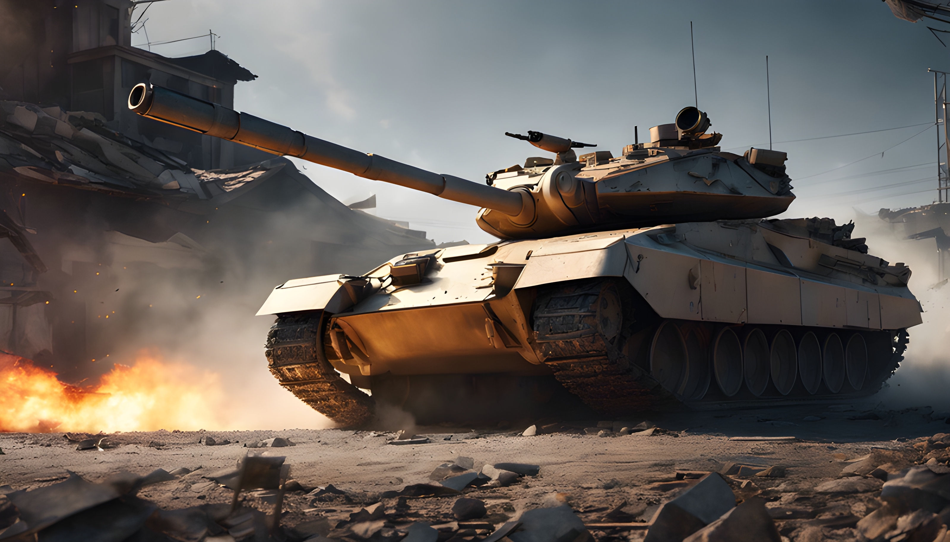 สร้างภาพรถถัง Abrams M1 เคลื่อนทับซากเทคโนโลยีอนาคต มุมกล้องต่ำ แสงเงาดราม่า เน้นความอลังการแบบวีรบุรุษ ภาพคมชัดระดับ 8K ขนาด 16:9