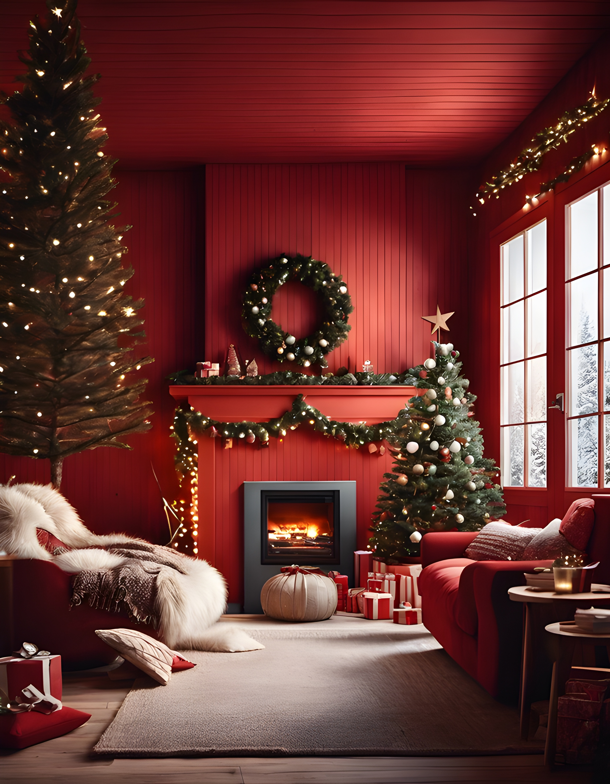 ภาพถ่ายภายในบ้านไม้สวีเดนสีแดง ฮุกกะ เวลาคริสต์มาส บรรยากาศสบาย ๆ แสงไฟประดับ การตกแต่งภายในที่ทันสมัย