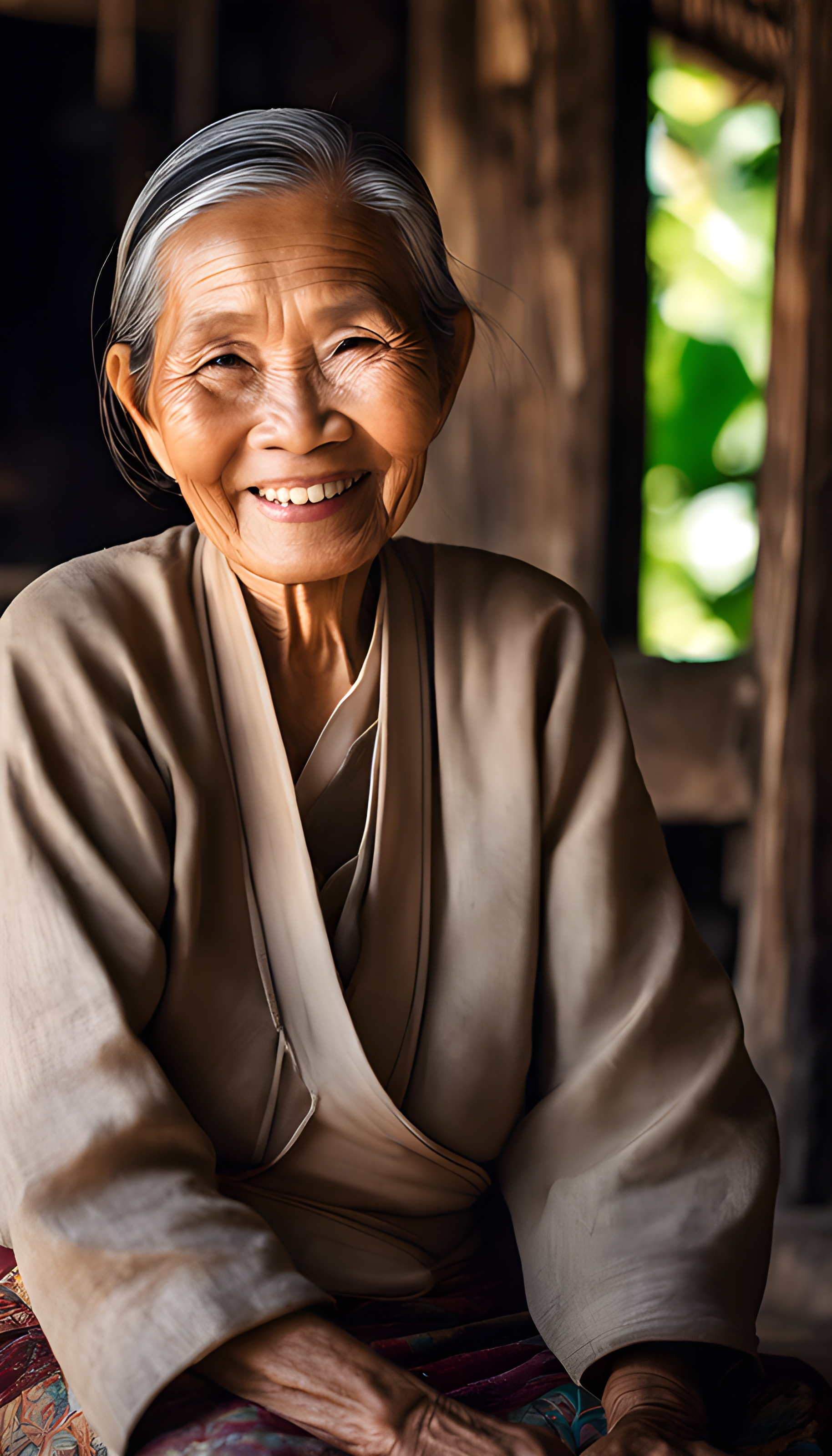 สร้างภาพถ่ายคุณยายชาวไทยใจดี นั่งยิ้มบนเตียงไม้ เน้นความเรียบง่าย ชนบท พื้นบ้าน ถ่ายด้วยกล้องดิจิตอล เลนส์ Wide รูรับแสง f2.8 ขนาด 9:16