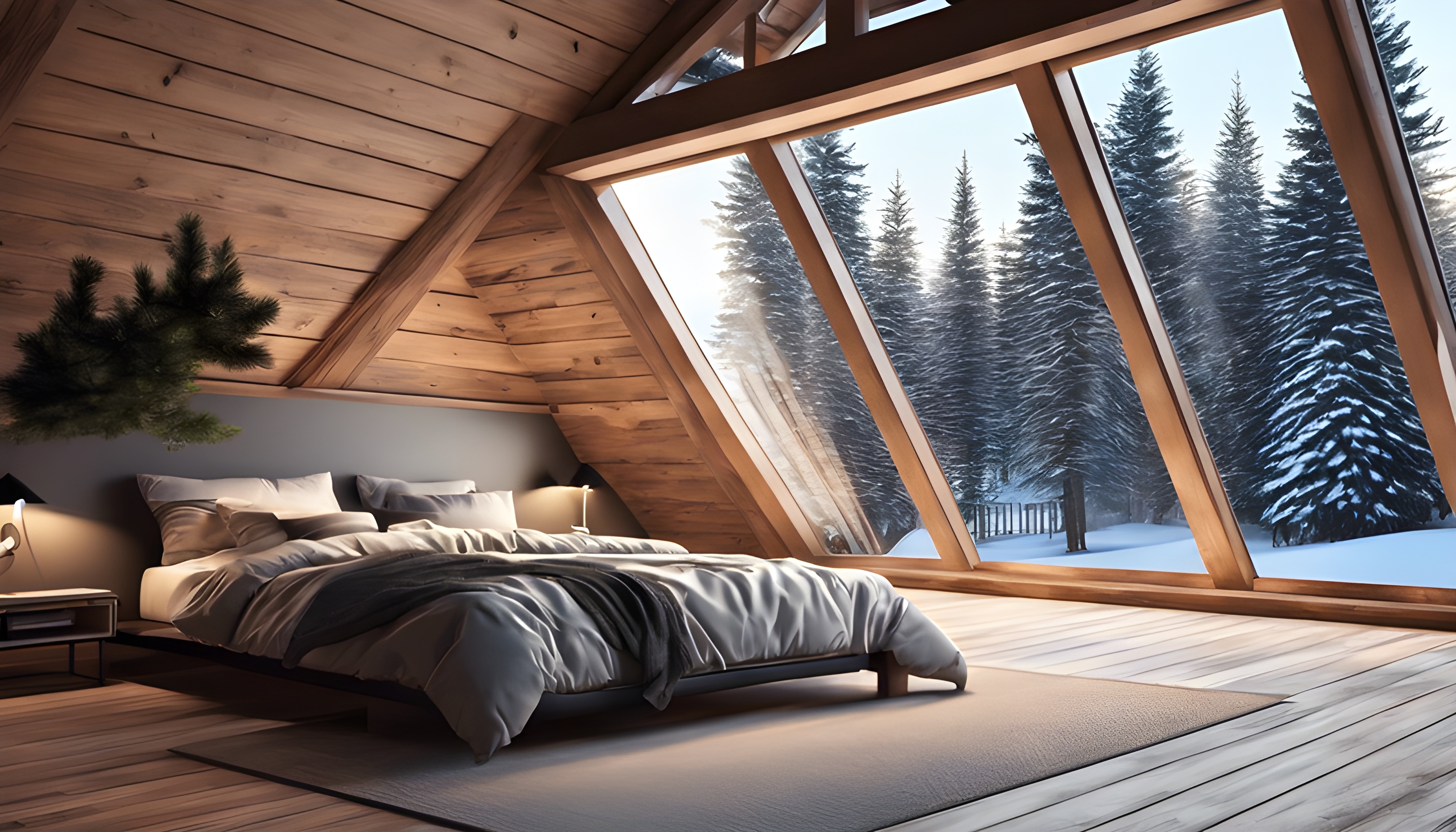 สร้างภาพ ห้องนอนเล็กใต้หลังคา, พื้นไม้, เตียงนอน, เรียบง่าย, ทันสมัย, ไฟสปอร์ตไลท์แบบฝัง, นอกหน้าต่างเป็นวิวต้นสนที่ถูกปกคลุมด้วยหิมะ, สมจริง