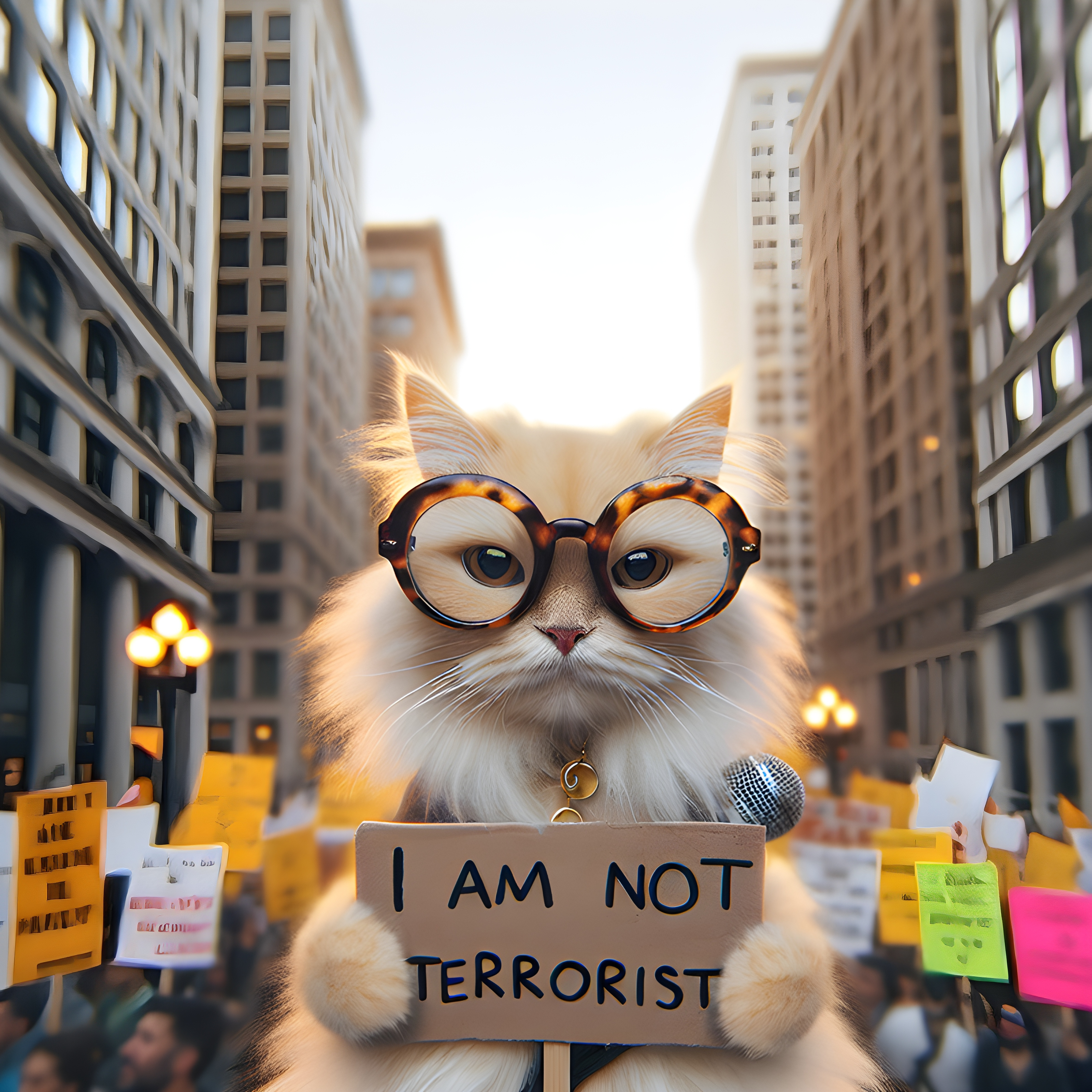 สร้างภาพถ่ายสตรีท: แมวขนฟูสีบลอนด์ สวมแว่นหนา เดินประท้วงบนถนนในชิคาโก ถือป้ายคำว่า "ฉันไม่ใช่ผู้ก่อการร้าย!"
