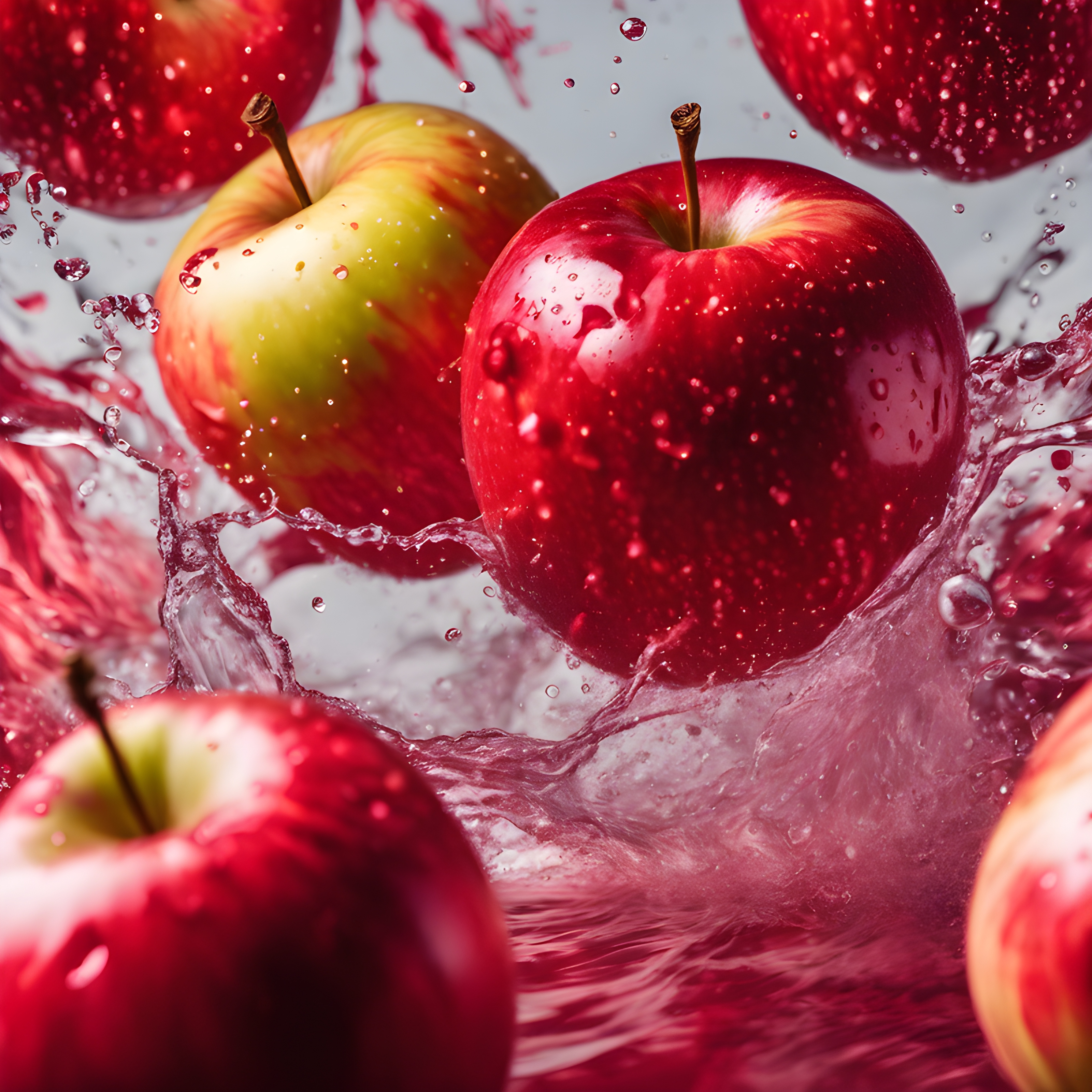 สร้างภาพ ลูกแอปเปิ้ลในอากาศที่กระจัดกระจายทั้งหมดลอยอยู่ในพื้นที่ที่มีชีวิตชีวาเชิงนามธรรม ธีมสีแดงพาสเทล สีแดงสดใส ของเหลว ความกระหาย ปะทะกับน้ำ มีน้ำกระเซ็น แสงที่ตัดกันอย่างสดใส เฉดสีที่น่าทึ่ง การเคลื่อนไหว ระเบิดได้ เปียก แสงถ่ายภาพผลิตภัณฑ์แบบไดนามิกที่สวยงาม เจ้าอารมณ์ น่าทึ่ง ภาพผลิตภัณฑ์ เลนส์ 50 มม. dof พื้นหลัง ไม่มีที่ติ น่าตื่นเต้น สมจริงมาก กล้อง canon 1dx