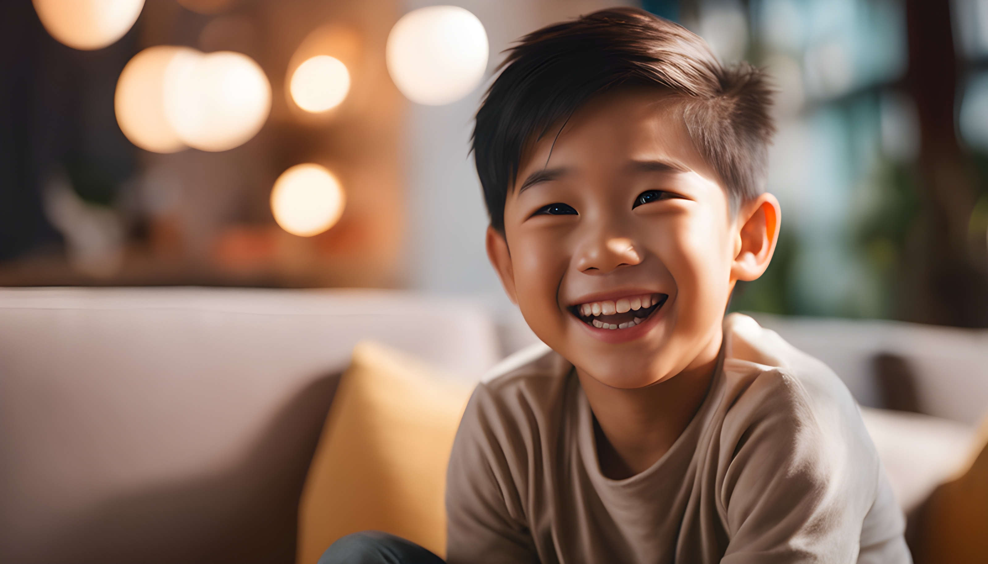 สร้างภาพโฆษณา เด็กชายชาวเอเชียยิ้มด้วยความสนุกสนาน ด้านหลังเป็นห้องนั่งเล่น cinematic scene กล้อง ARRIFLEX 35BL เลนส์ Canon K35 Primes