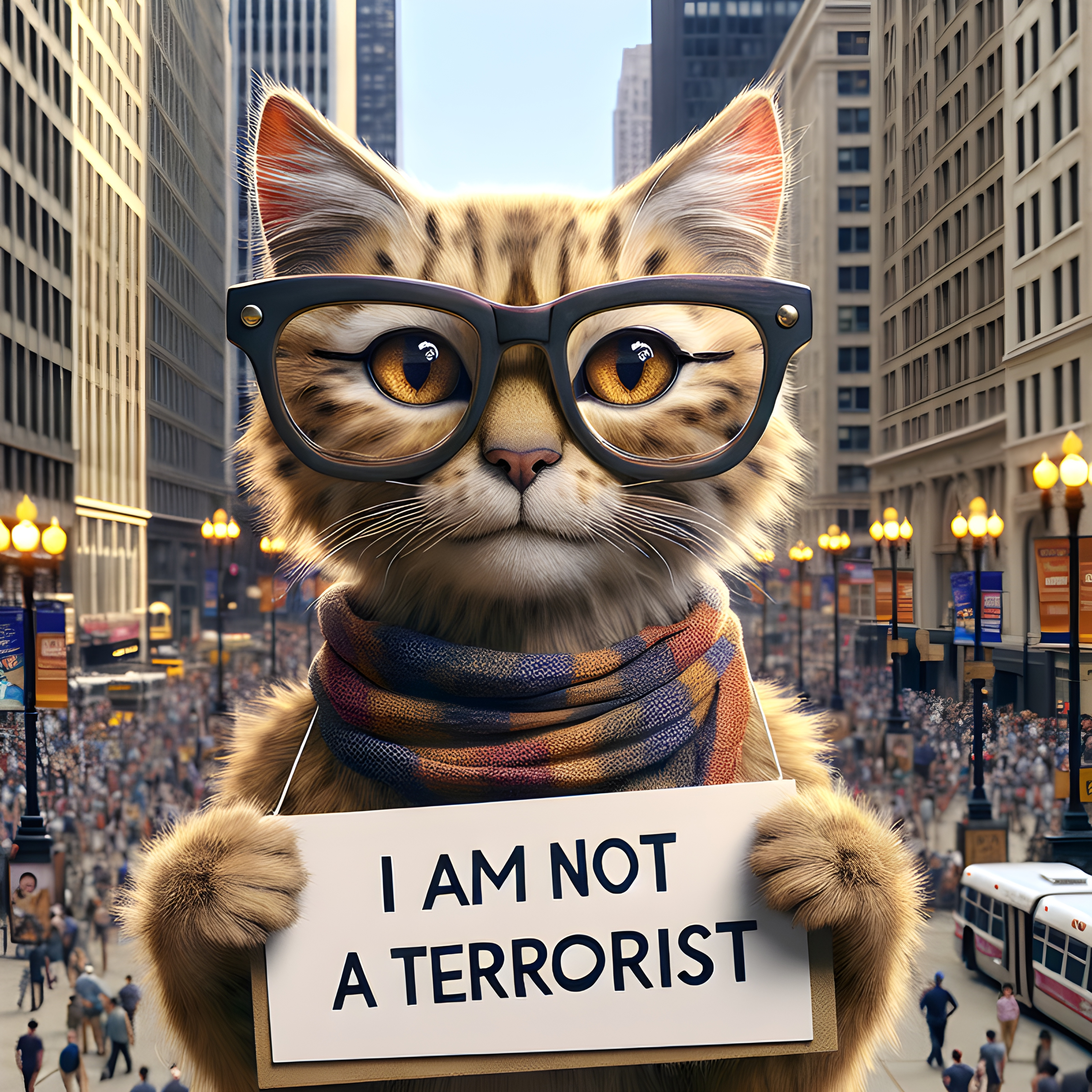สร้างภาพถ่ายสตรีท: แมวขนฟูสีบลอนด์ สวมแว่นหนา เดินประท้วงบนถนนในชิคาโก ถือป้ายคำว่า "ฉันไม่ใช่ผู้ก่อการร้าย!"