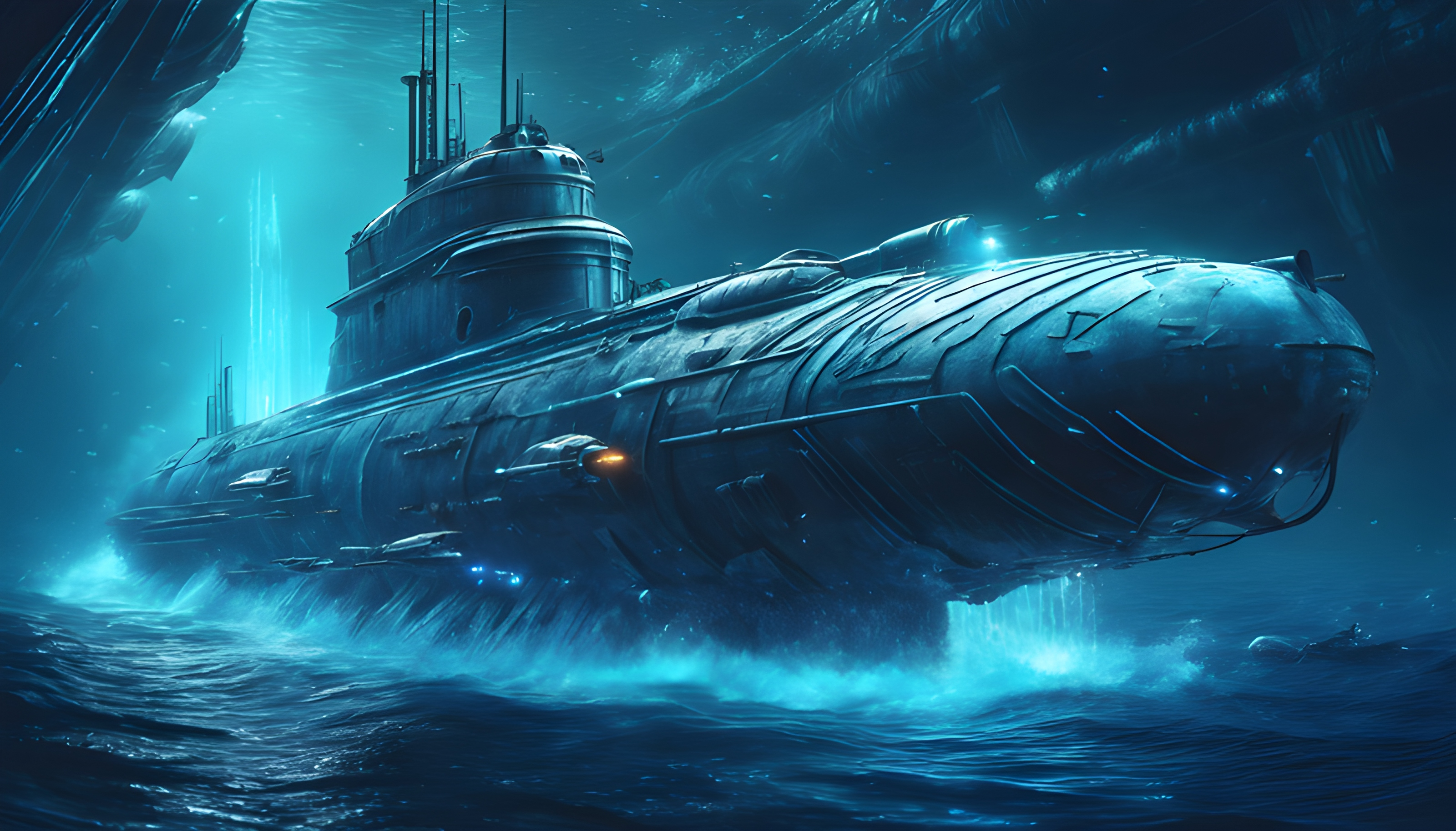 สร้างภาพกราฟฟิคเกมต่อสู้เรือดำน้ำใต้ทะเล ธีมทหาร ฉากหลังเรียบๆ สีฟ้า