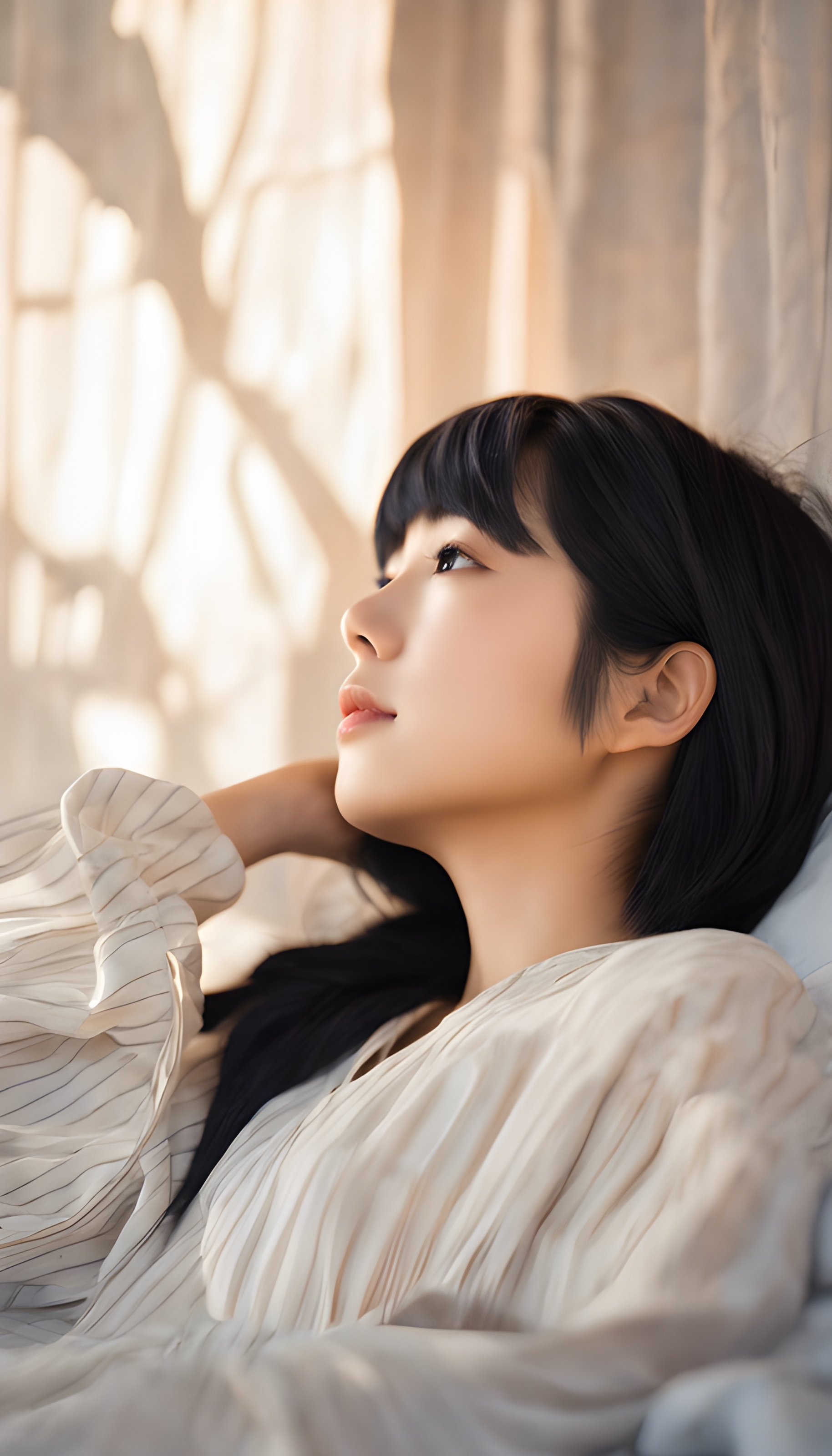 ภาพถ่ายผู้หญิงญี่ปุ่นสาวสวยอายุ 19 ปี ผมดำสั้น นอนอยู่บนเตียง สีหน้ามีความสุข --wh 9:16