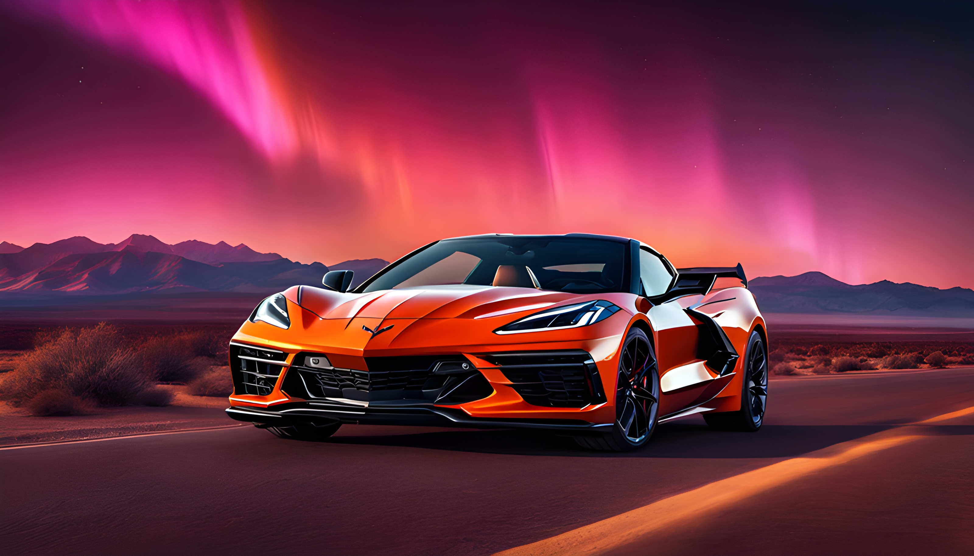 สร้างภาพรถยนต์ Corvette C8 สีส้ม จอดอยู่ริมไฮเวย์ในทะเลทรายยามค่ำคืน ภายใต้แสงเหนือสีชมพู