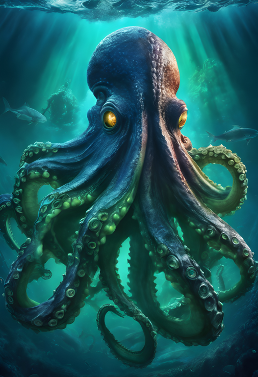 สร้างภาพ โปสเตอร์สำหรับหนังเรื่อง "Mysterious creatures under the sea" ปลาหมึกยักษ์ใต้ทะเล ดูดุดัน เป็นหนังแนวไซไฟ ในสไตล์ของ 47 Meters Down โปสเตอร์มืออาชีพ สมจริง